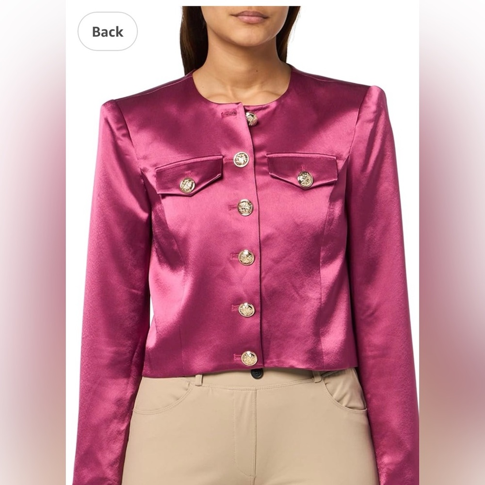 Cinq à Sept Rainer cropped satin jacket in the color Dark Ube.